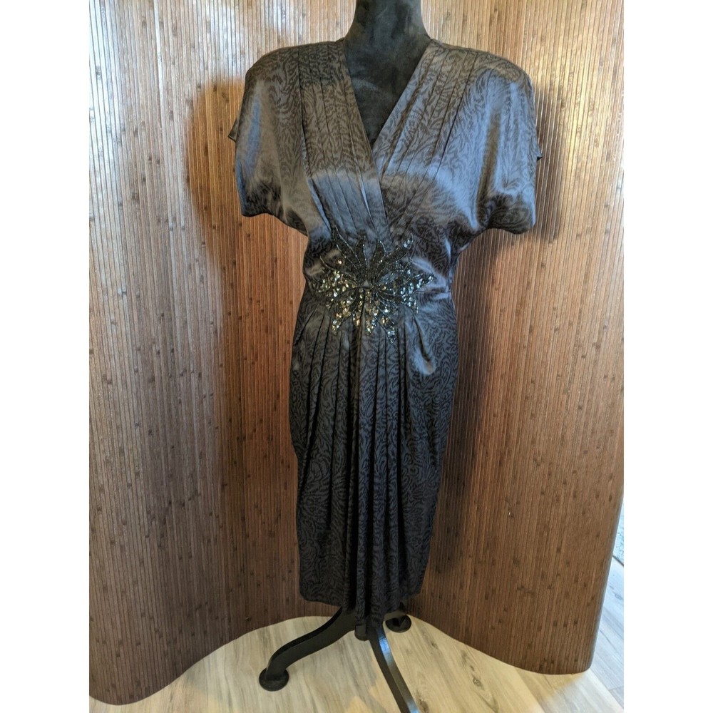 Vintage 80s Taurus Nites Petites Black Satiny Dress Sequin Applique